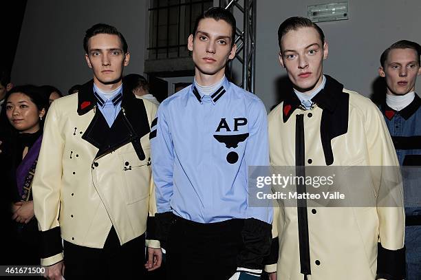 Models backstage ahead of the Andrea Pompilio show as a part of Milan Menswear Fashion Week Fall Winter 2015/2016 as during the on January 17, 2015...