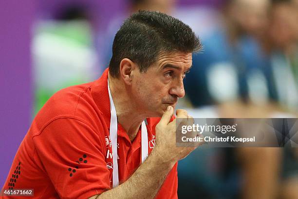 Head coach Manuel Cadenas of Spain looks thoughtful during the IHF Men's Handball World Championship group A match between Brazil and Spain at Duhail...