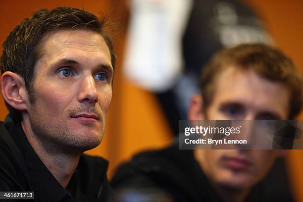 Frank Schleck and brother Andy of Luxembourg and theTrek Factory Racing team looks on during the Trek Factory Racing Team launch at the Stab...