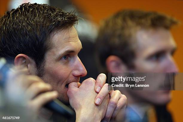 Frank Schleck and brother Andy of Luxembourg and theTrek Factory Racing team looks on during the Trek Factory Racing Team launch at the Stab...