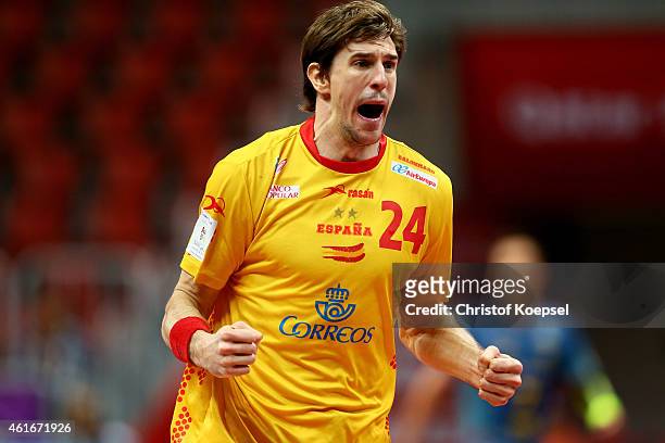 Viran Morros de Argila of Spain celebrates a goal during the IHF Men's Handball World Championship group A match between Brazil and Spain at Duhail...