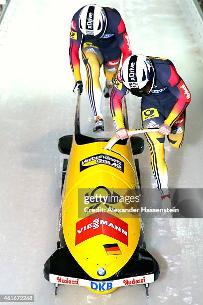 Pilot Nico Walther and Marko Huebenbecker of Germany compete during the Viessmann FIBT Bob World Cup at Deutche Post Eisarena on January 17, 2015 in...