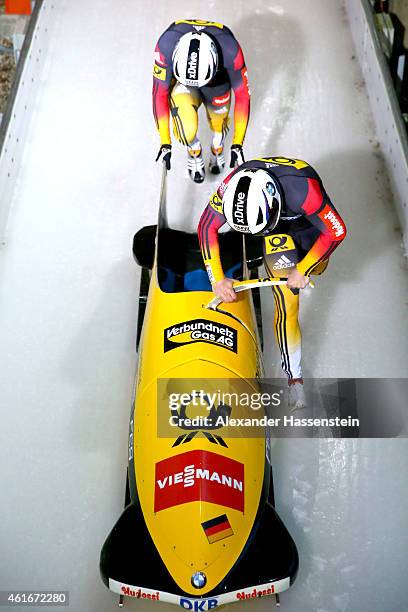 Pilot Nico Walther and Marko Huebenbecker of Germany compete during the Viessmann FIBT Bob World Cup at Deutche Post Eisarena on January 17, 2015 in...
