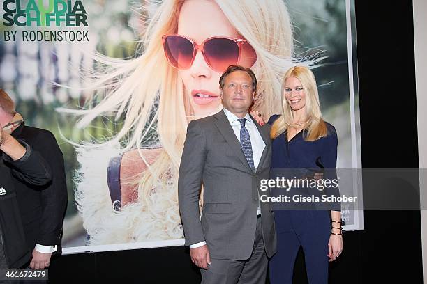 Model Claudia Schiffer and Oliver Kastalio, CEO of Rodenstock, attend 'Claudia Schiffer by Rodenstock' press talk at Messe Muenchen on January 10,...