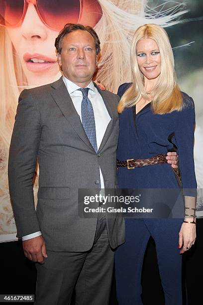 Model Claudia Schiffer and Oliver Kastalio, CEO of Rodenstock, attend 'Claudia Schiffer by Rodenstock' press talk at Messe Muenchen on January 10,...