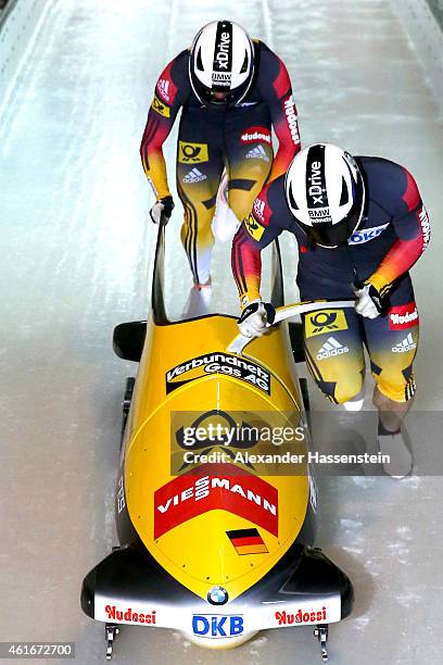 Pilot Albrecht Klammer and Eric Franke of Germany compete during the Viessmann FIBT Bob World Cup at Deutche Post Eisarena on January 17, 2015 in...