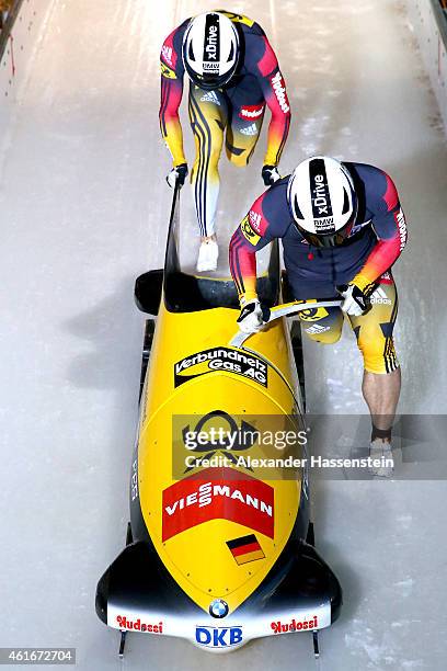 Pilot Albrecht Klammer and Eric Franke of Germany compete during the Viessmann FIBT Bob World Cup at Deutche Post Eisarena on January 17, 2015 in...