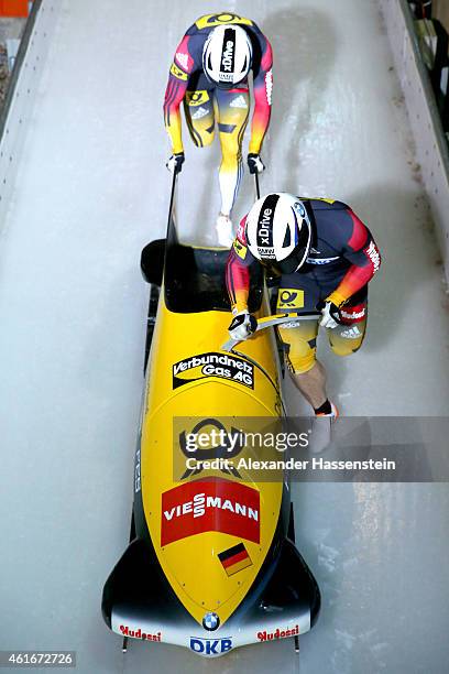 Pilot Albrecht Klammer and Eric Franke of Germany compete during the Viessmann FIBT Bob World Cup at Deutche Post Eisarena on January 17, 2015 in...