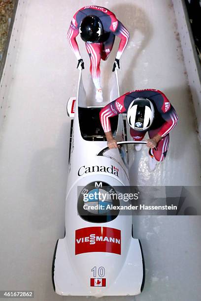 Pilot Justin Kripps and Bryan Barnett of Canada compete during the Viessmann FIBT Bob World Cup at Deutche Post Eisarena on January 17, 2015 in...