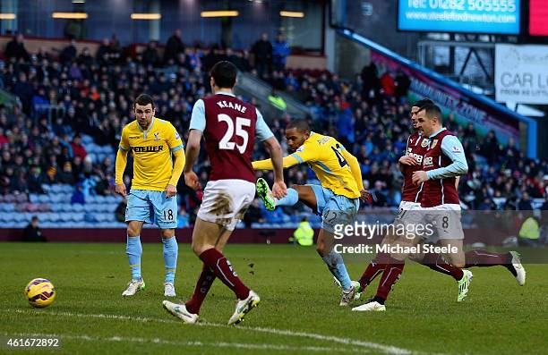 Jason Puncheon of Crystal Palace scores their second goal during the Barclays Premier League match between Burnley and Crystal Palace at Turf Moor on...