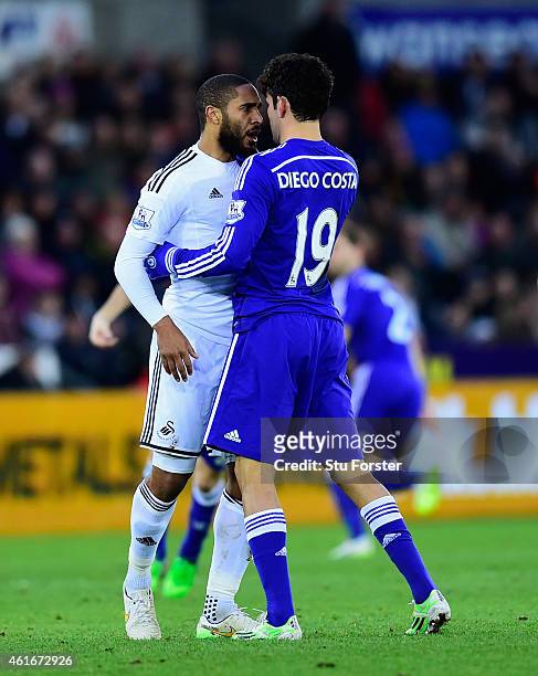 Chelsea player Diego Costa and Ashley Williams of Swansea go head to head during the Barclays Premier League match between Swansea City and Chelsea...