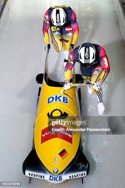 Pilot Francesco Friedrich and Martin Grothkopp compete during the Viessmann FIBT Bob World Cup at Deutche Post Eisarena on January 17, 2015 in...