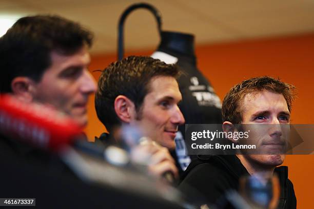 Team Manager Luca Guercilena , Frank Schleck and Andy Schleck of Luxembourg look on during the Trek Factory Racing Team launch at the Stab Velodrome...