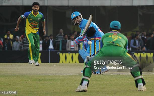 Bollywood actor Aftab Shivdasani in action against Kerala Striker during the Celebrity Cricket League season 3 at JCA International Cricket Stadium...