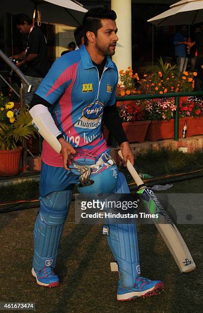Bollywood actor Aftab Shivdasani in action against Kerala Striker during the Celebrity Cricket League season 3 at JCA International Cricket Stadium...