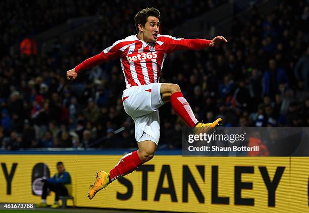 Bojan Krkic of Stoke City celebrates after scoring the opening goal during the Barclays Premier League match between Leicester City and Stoke City at...