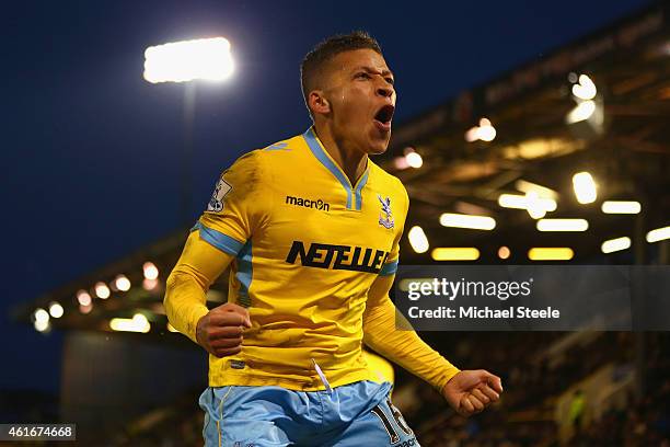 Dwight Gayle of Crystal Palace celebrates scoring their third goal during the Barclays Premier League match between Burnley and Crystal Palace at...