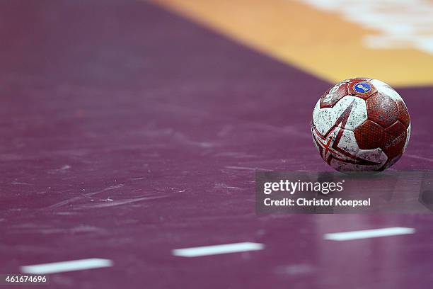 Handball lies on the pitch during the IHF Men's Handball World Championship group A match between Brazil and Spain at Duhail Handball Sports Hall on...