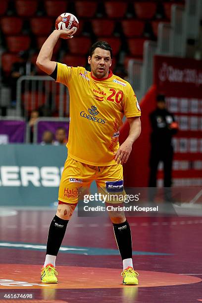 Jose Maria Rodriguez of Spain passes the ball during the IHF Men's Handball World Championship group A match between Brazil and Spain at Duhail...