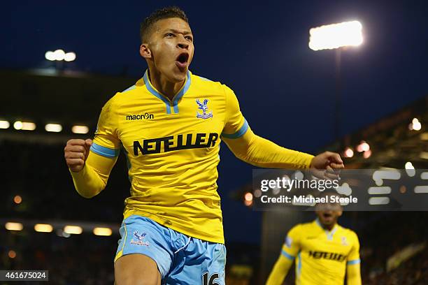 Dwight Gayle of Crystal Palace celebrates scoring their third goal during the Barclays Premier League match between Burnley and Crystal Palace at...