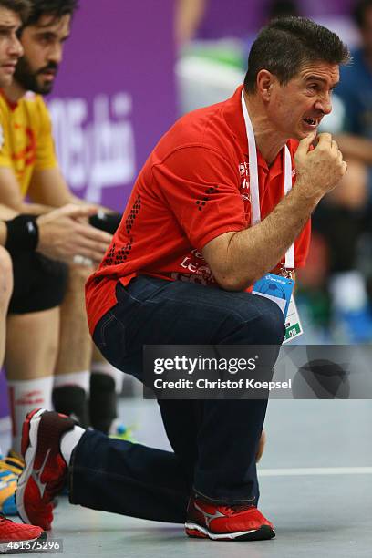 Head coach Manuel Cadenas of Spain shouts during the IHF Men's Handball World Championship group A match between Brazil and Spain at Duhail Handball...