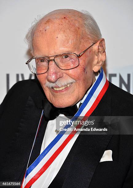 Airshow pilot Bob Hoover arrives at the 12th Annual "Living Legends Of Aviation" Awards at The Beverly Hilton Hotel on January 16, 2015 in Beverly...