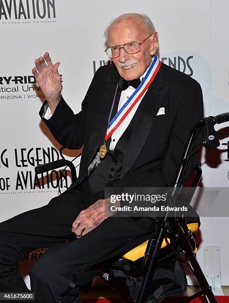 Airshow pilot Bob Hoover arrives at the 12th Annual "Living Legends Of Aviation" Awards at The Beverly Hilton Hotel on January 16, 2015 in Beverly...