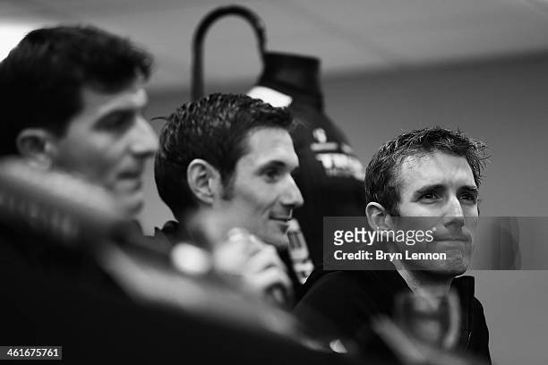 Team Manager Luca Guercilena , Frank Schleck and Andy Schleck of Luxembourg look on during the Trek Factory Racing Team launch at the Stab Velodrome...