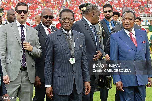 Equatorial Guinea's President Teodoro Obiang Nguema Mbasogo and his Congolese counterpart Denis Sassou-Nguesso attend the 2015 African Cup of Nations...