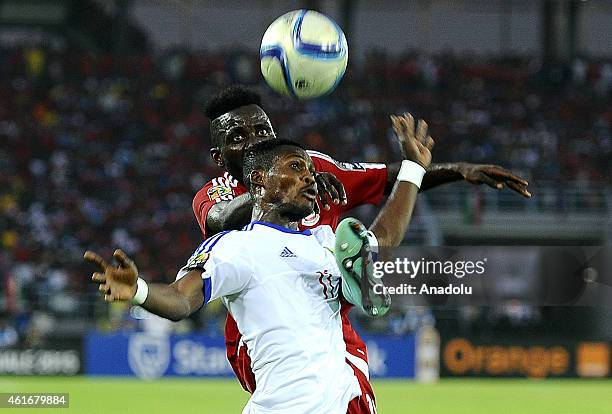 Equatorial Guinea's Doualla Viera vies for ball with Congo's Fabrice Nguessi during Group A soccer match between Equatorial Guinea and Congo at Bata...