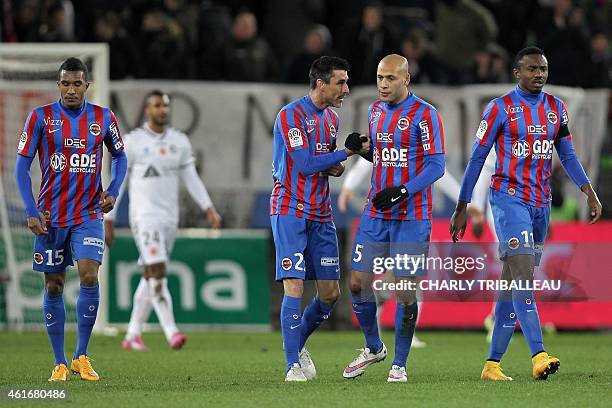 Caen's defender Alaeddine Yahia celebrates after scoring a goal during the French L1 football match between Caen and Reims , on January 17 at the...