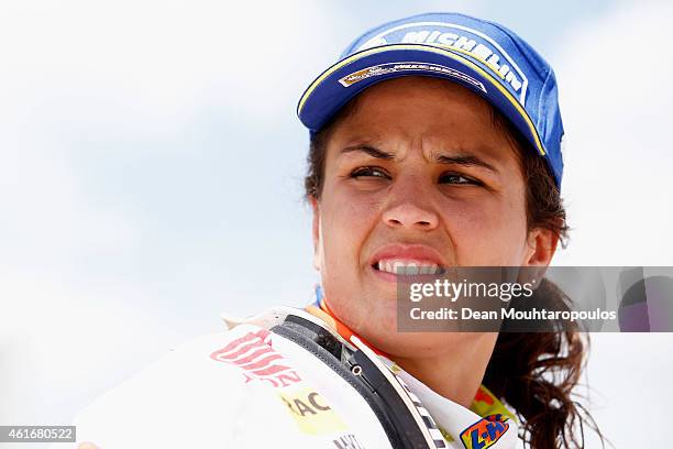 Laia Sanz Pla-Giribert of Spain for Team HRC on the CRF450 Rally Honda looks on after extiting the podium during Day 14 of the Dakar Rally at the...