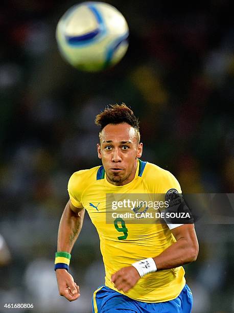 Gabon's forward Pierre-Emerick Aubameyang runs after the ball during the 2015 African Cup of Nations group A football match between Burkina Faso and...