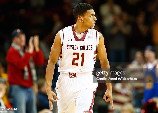 Olivier Hanlan of the Boston College Eagles celebrates his three-point shot in the first half against the Virginia Cavaliers during the game at Conte...