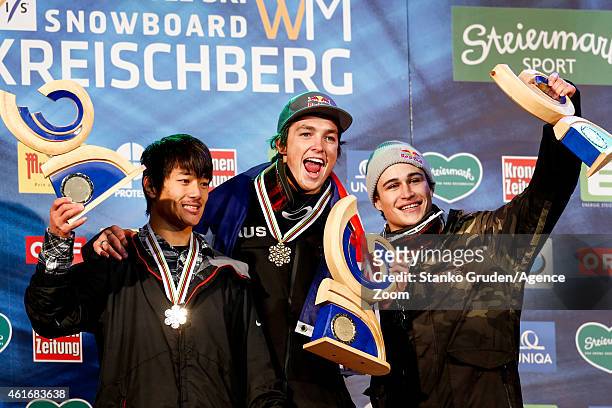 Yiwei Zhang of China takes 2nd place, James Scotty of Australia takes 1st place, Ravnjak Tim-Kevin of Slovenia takes 3rd place during the FIS...