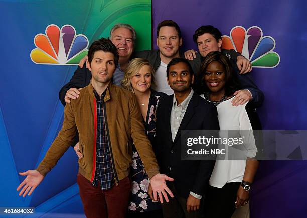 NBCUniversal Press Tour, January 2015 -- "Parks and Recreation" -- Pictured: Adam Scott; Jim O'Heir; Amy Poehler; Chris Pratt; Aziz Ansari; Mike...