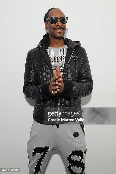 Snoop Dogg poses in the backstage of the Philipp Plein Show as a part of Milan Menswear Fashion Week Fall Winter 2015/2016 on January 17, 2015 in...