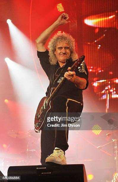 Brian May of Queen performs live on stage at 02 Arena on January 17, 2015 in London, England.