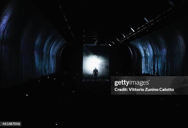 Model walks the runway during the John Varvatos Show as a part of Milan Menswear Fashion Week Fall Winter 2015/2016 on January 17, 2015 in Milan,...