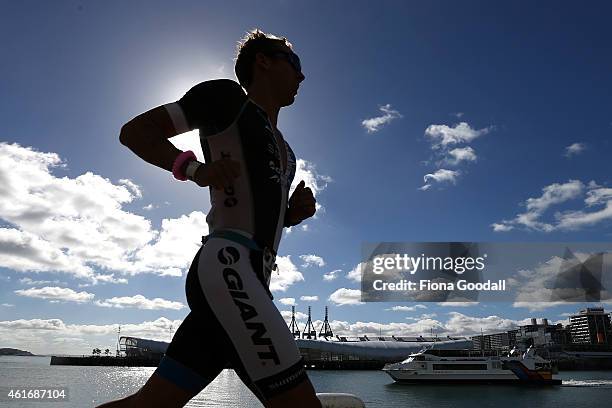 Runner heads along Princes Wharf during Ironman 70.0 on January 18, 2015 in Auckland, New Zealand.