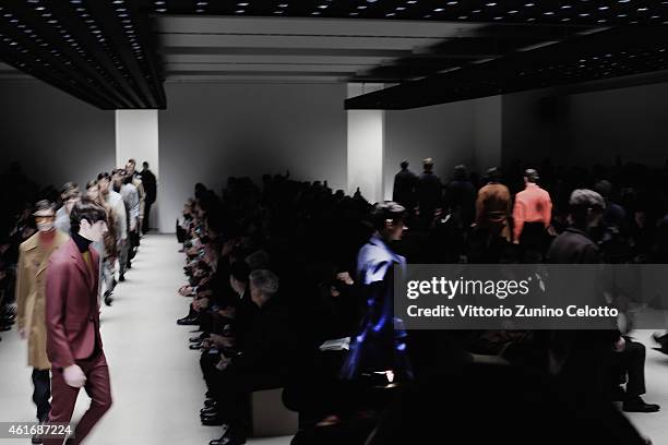 Models walk the runway during the Jil Sander Show as a part of Milan Menswear Fashion Week Fall Winter 2015/2016 on January 17, 2015 in Milan, Italy.