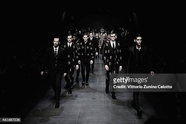 Models walk the runway during the Dolce & Gabbana Show as a part of Milan Menswear Fashion Week Fall Winter 2015/2016 on January 17, 2015 in Milan,...
