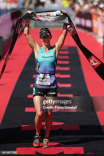 Meredith Kessler of USA wins the Elite Women's race during Ironman 70.0 on January 18, 2015 in Auckland, New Zealand.