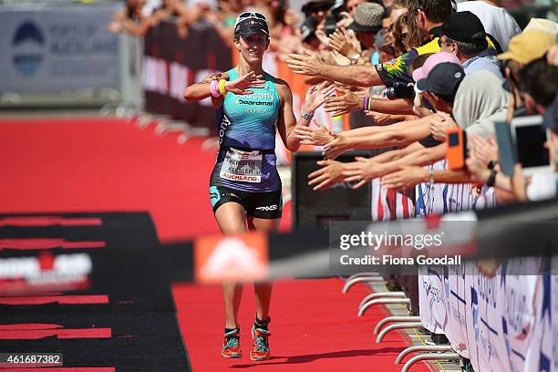 Meredith Kessler of USA wins the Elite Women's race during Ironman 70.0 on January 18, 2015 in Auckland, New Zealand.