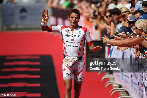 Terenzo Bozzone finishes back in the field during Ironman 70.0 on January 18, 2015 in Auckland, New Zealand.