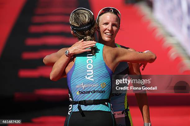 Gina Crawford of New Zelaland finishes in second place at Ironman 70.0 on January 18, 2015 in Auckland, New Zealand.
