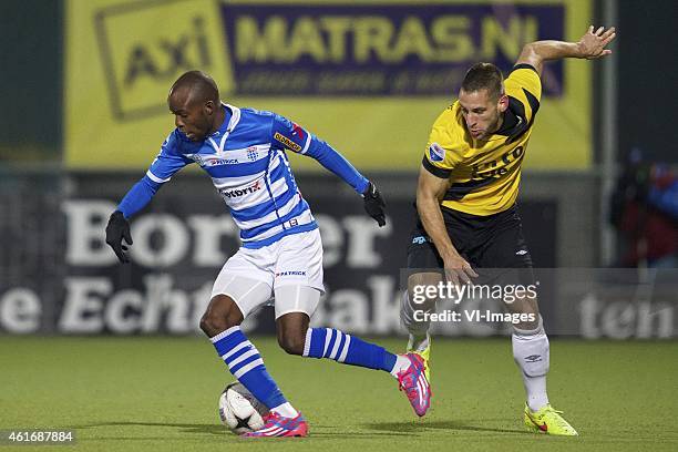 Jody Lukoki of PEC Zwolle, Remy Amieux of NAC Breda during the Dutch Eredivisie match between PEC Zwolle and NAC Breda at the IJsseldelta stadium on...