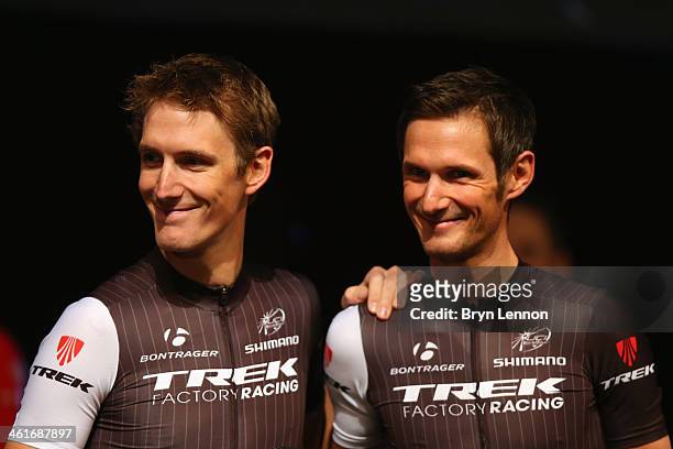 Andy Schleck of Luxembourg and brother Frank address the audience at the Trek Factory Racing team looks on during the Trek Factory Racing Team launch...