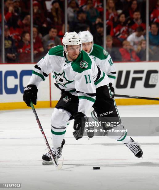 Dustin Jeffrey of the Dallas Stars skates against the New Jersey Devils at the Prudential Center on January 9, 2014 in Newark, New Jersey. The Devils...