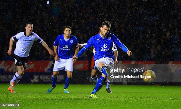 David Nugent of Leicester scores a penalty to make it 3-1 the Sky Bet Championship match between Leicester City and Derby County at The King Power...
